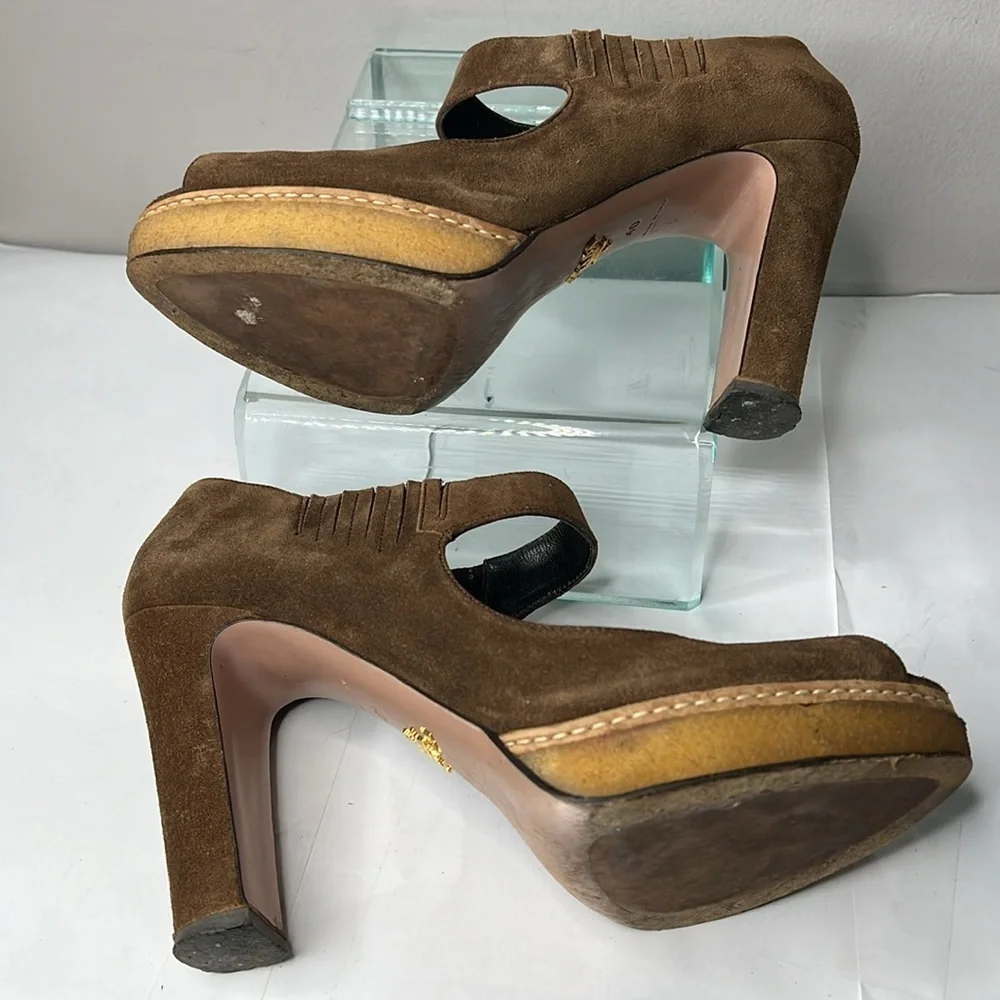 PRADA Sz 40 Brown Suede Rubber Platform Peep Toe Elastic Mary Jane 3.5” Heels